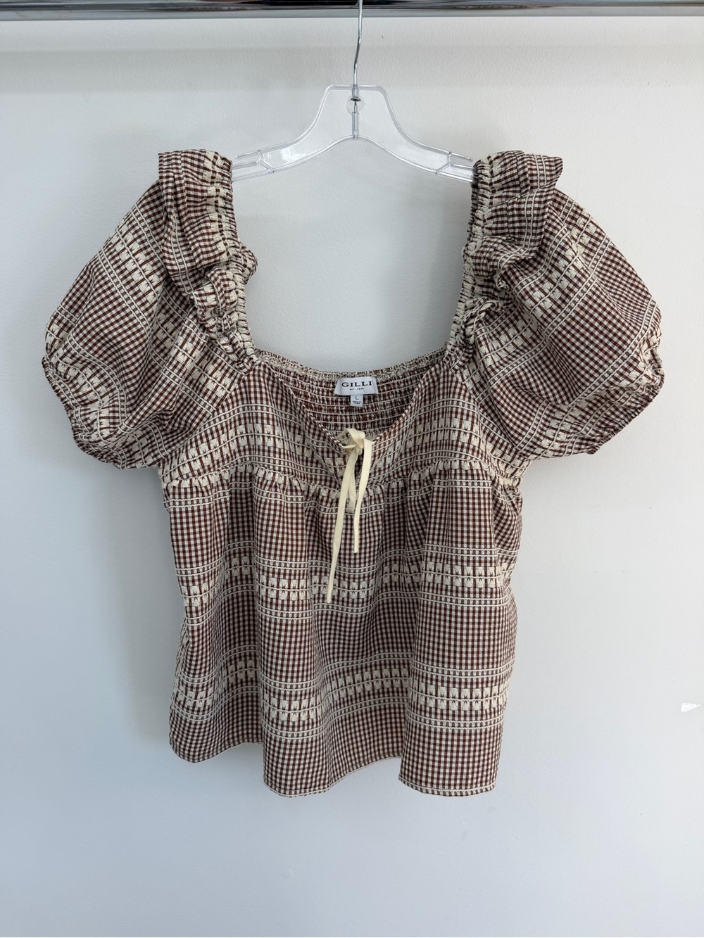 Gilli Brown & Cream Plaid Smocked Puff Sleeve Top